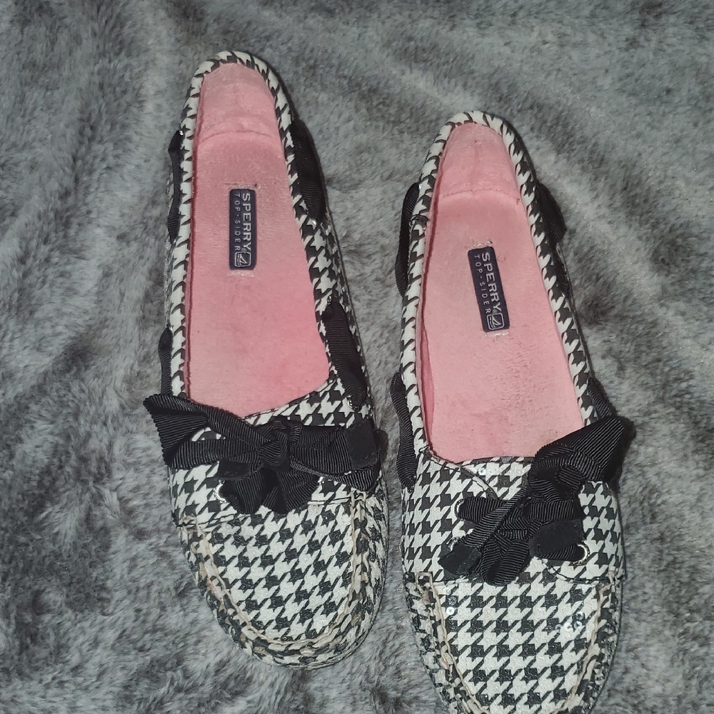 Sequin Sperry Women's Skiff Black and White Sequin Houndstooth Loafers. Size 9
